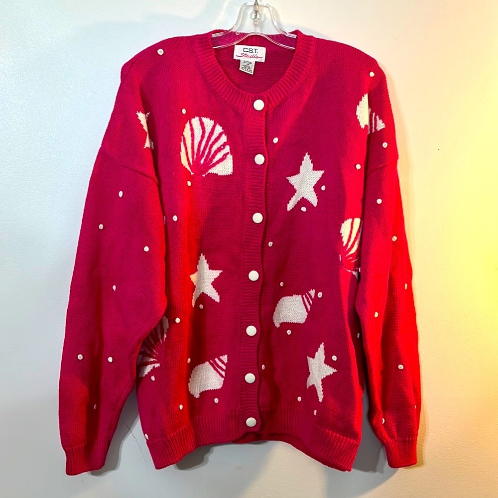 Vintage 90s C.S.T Sea Life Shell Starfish Sweater Cardigan